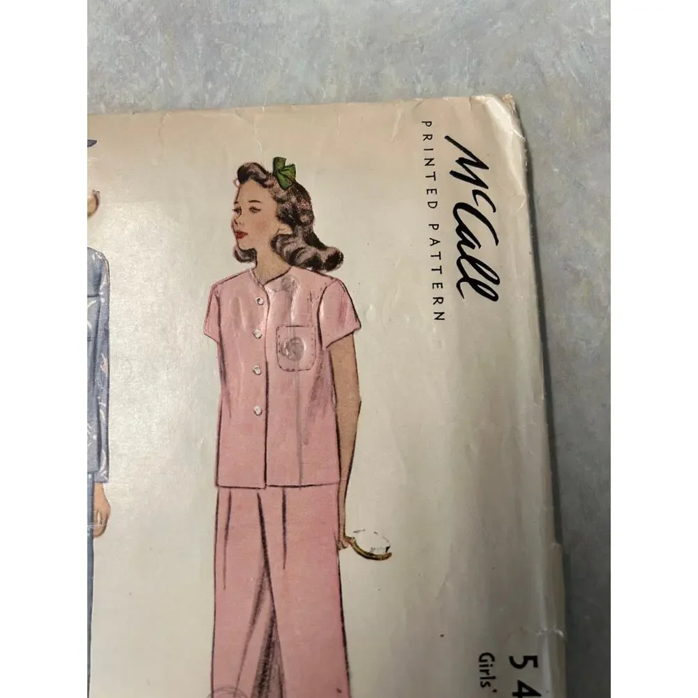 Vintage 1940's‎ McCall Pattern #5449 Girls Two Piece Pajamas Size 8